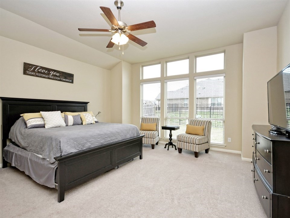 beautiful master suite with walls of windows and greenbelt views