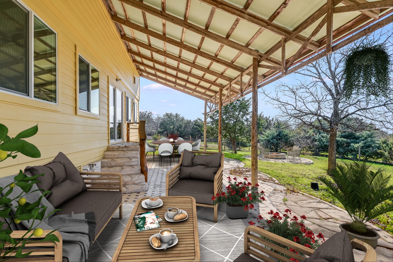 wonderful peaceful outdoor covered patio complete with firepit