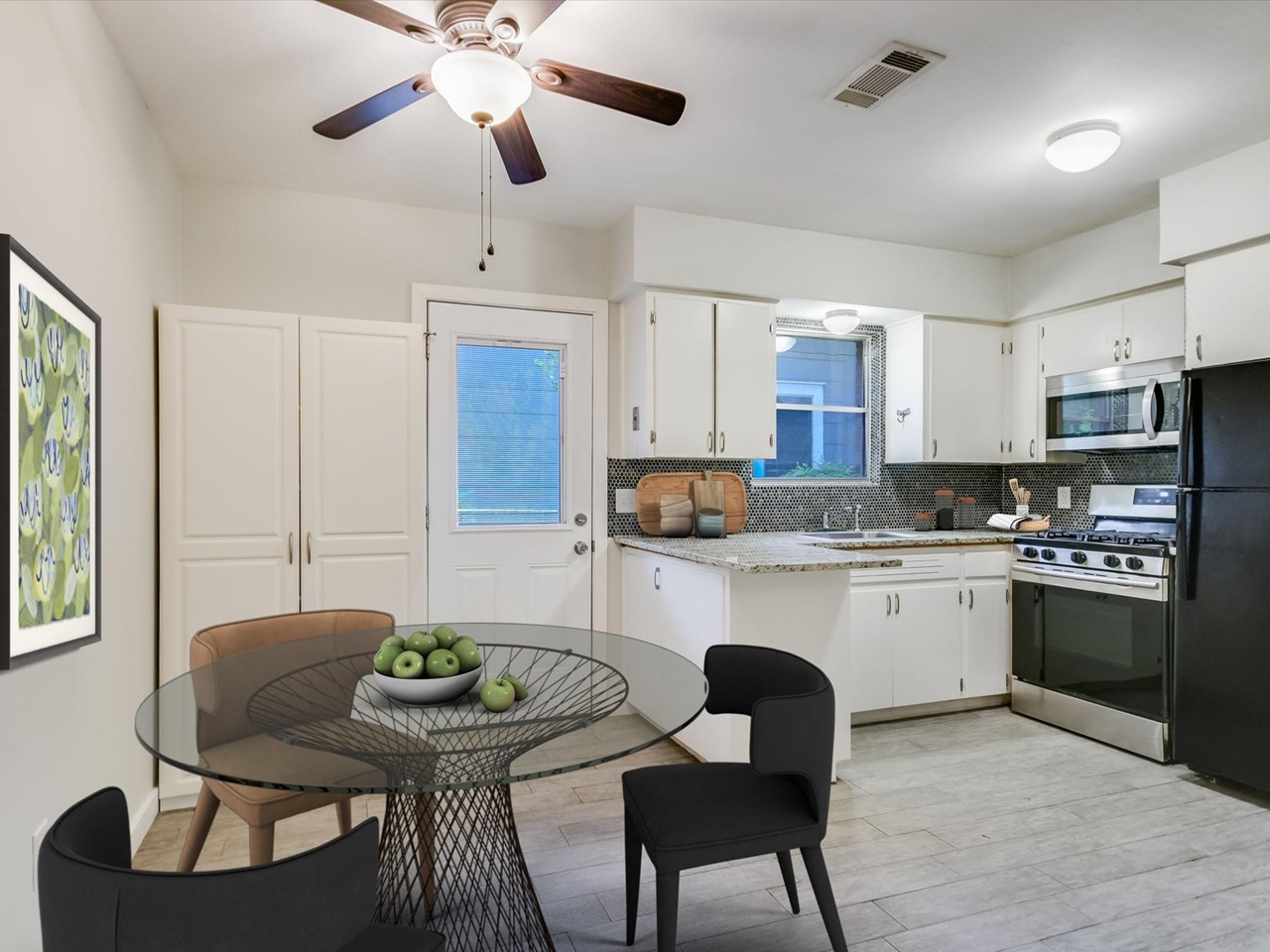 updated kitchen with character and charm unit a: beautiful updated kitchen with amazing granite counters, stainless steel appliances, accept penny tiles, fresh paint, wood style plank tile floors open to central living area. great storage and eat-in kitchen.